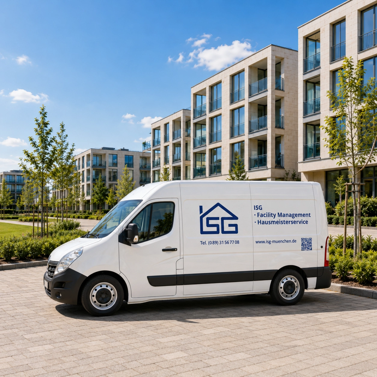 ISG Firmenfahrzeug (weißer Transporter) vor einer Wohnanlage.