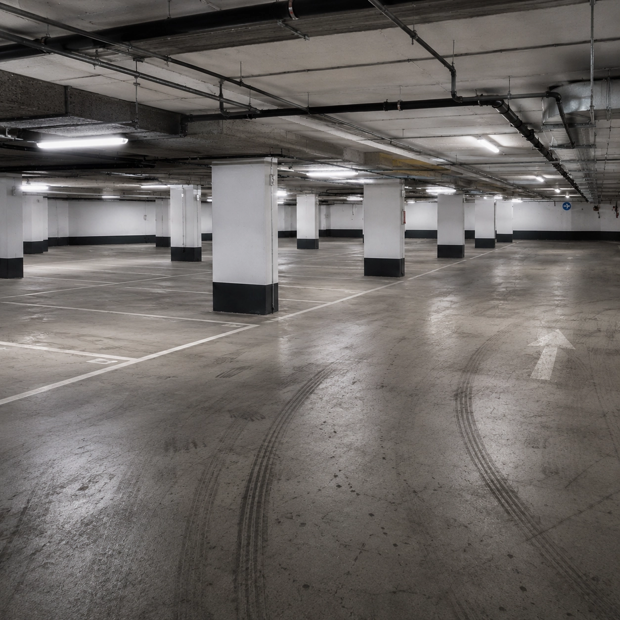 Tiefgarage mit Reifenspuren und Verschmutzung.