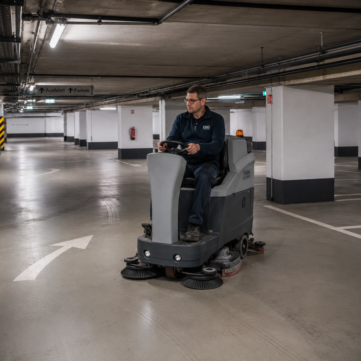 Mitarbeiter auf Aufsitz-Kehrsaugmaschine bei der Reinigung einer Tiefgarage (Symbolbild).